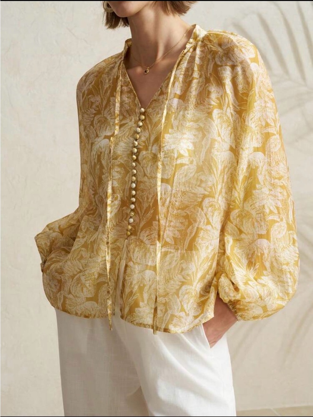 New Loose Fit Elegant Pale Yellow Floral Print Long Sleeve Shirt X-Large